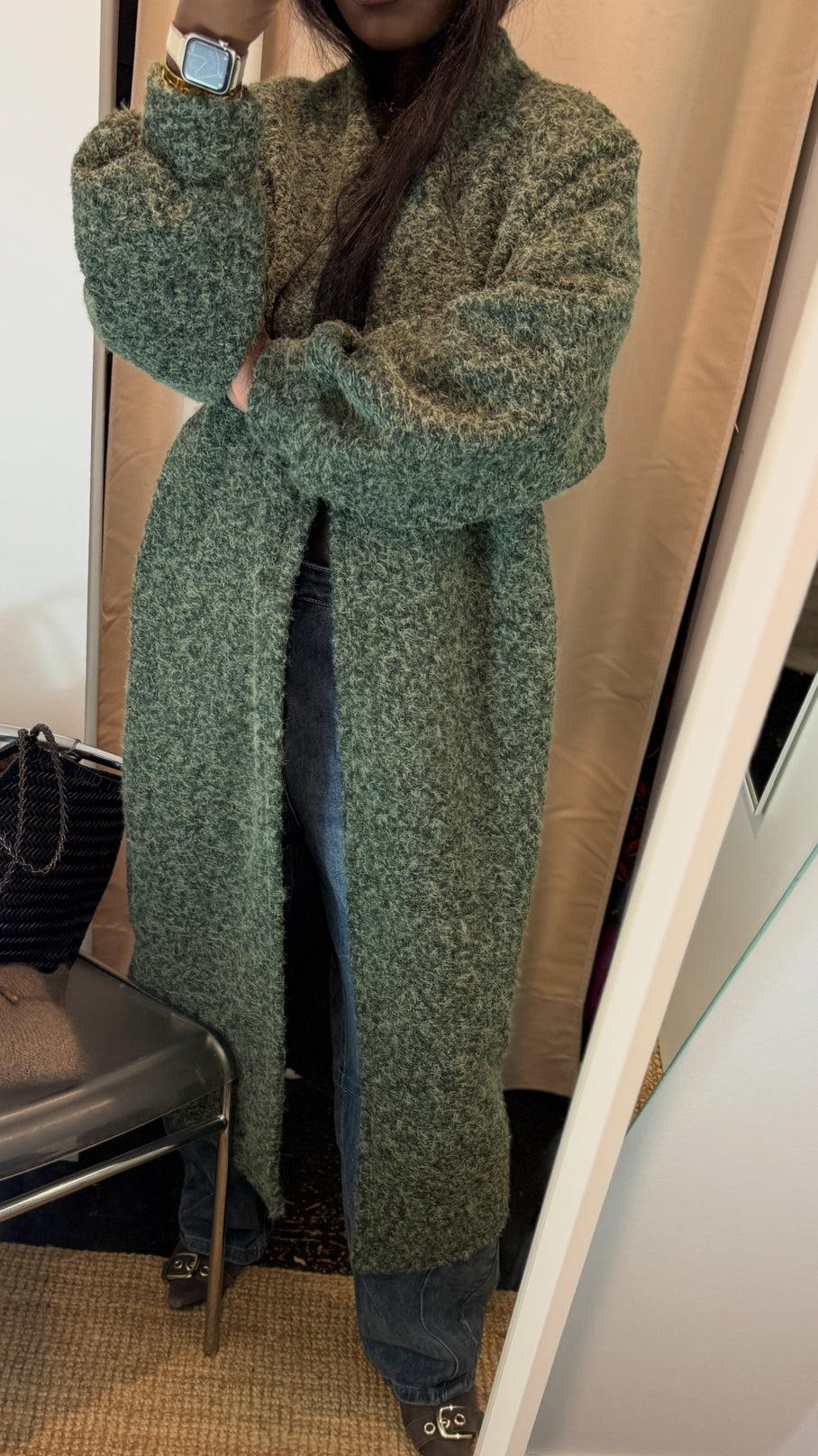 LONG OLIVE GREEN COAT, ONE SIZE 34/42 - XS/L