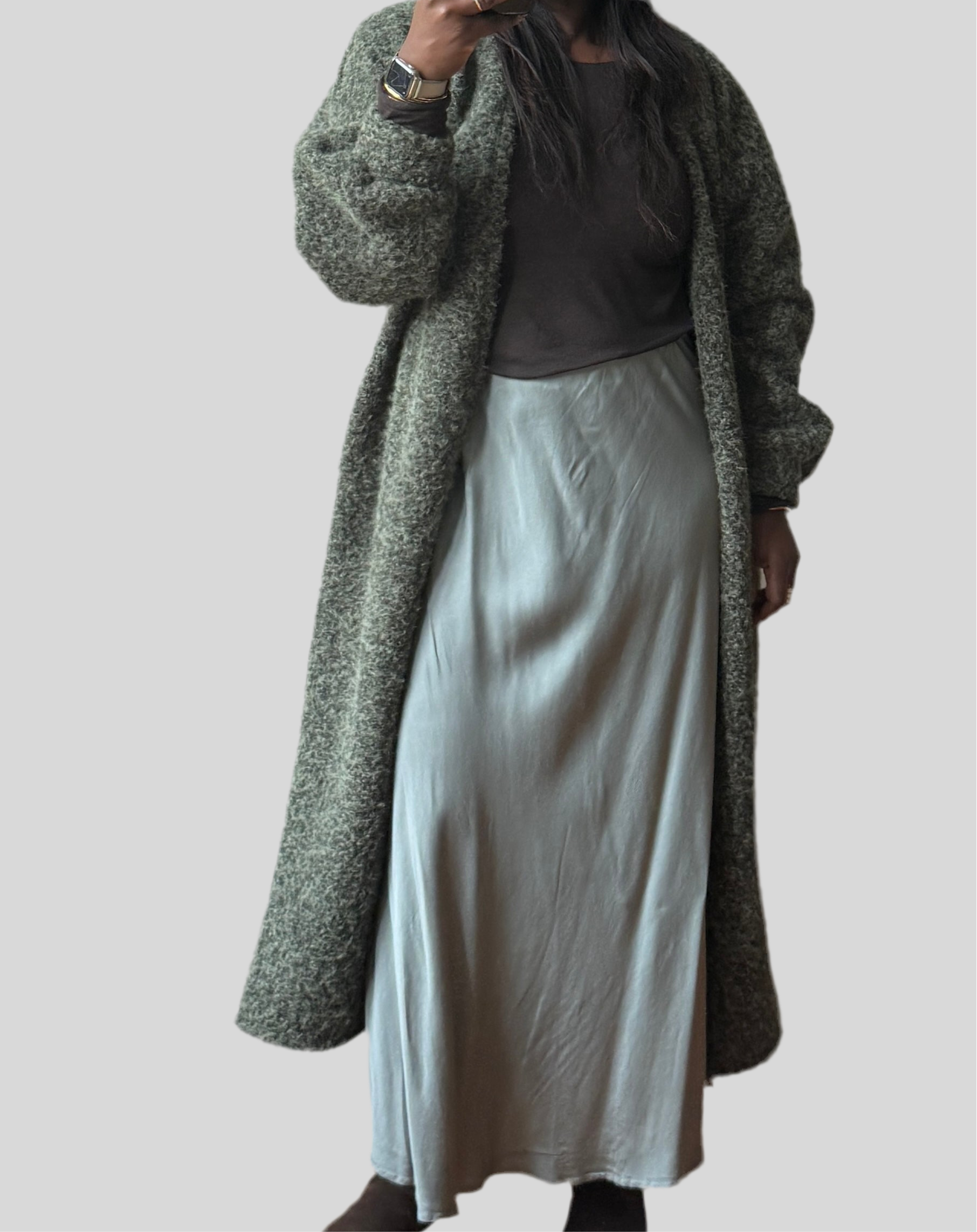 LONG OLIVE GREEN COAT, ONE SIZE 34/42 - XS/L