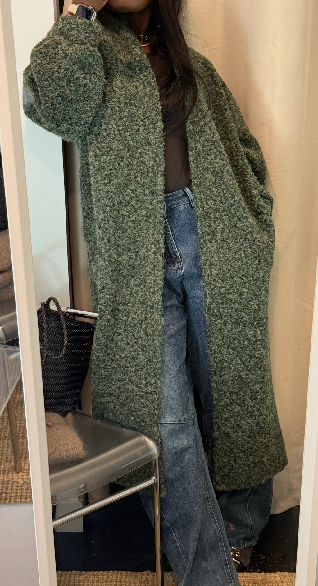 LONG OLIVE GREEN COAT, ONE SIZE 34/42 - XS/L