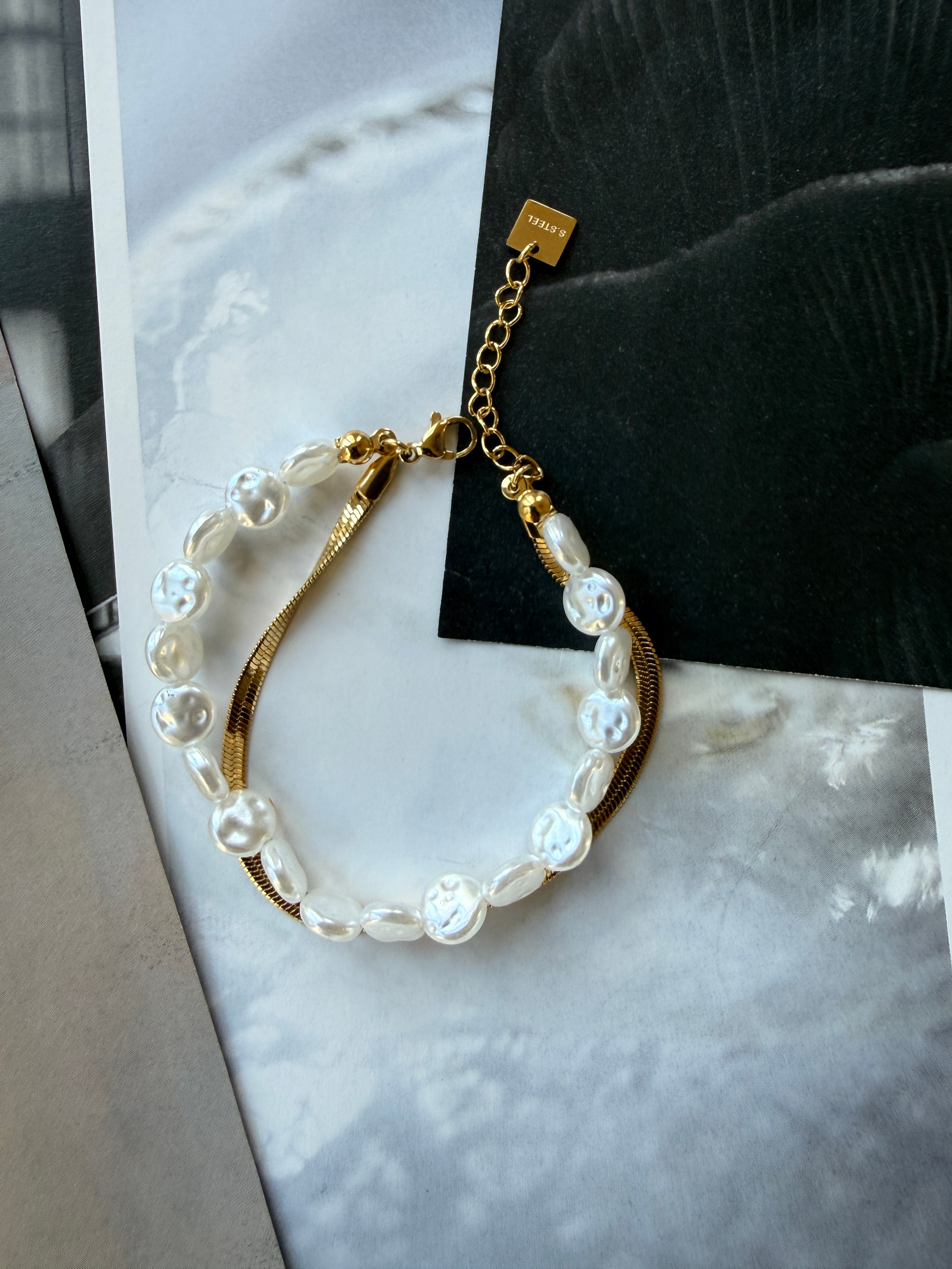 STAINLESS STEEL BRACELET WITH PEARLS, 20CM