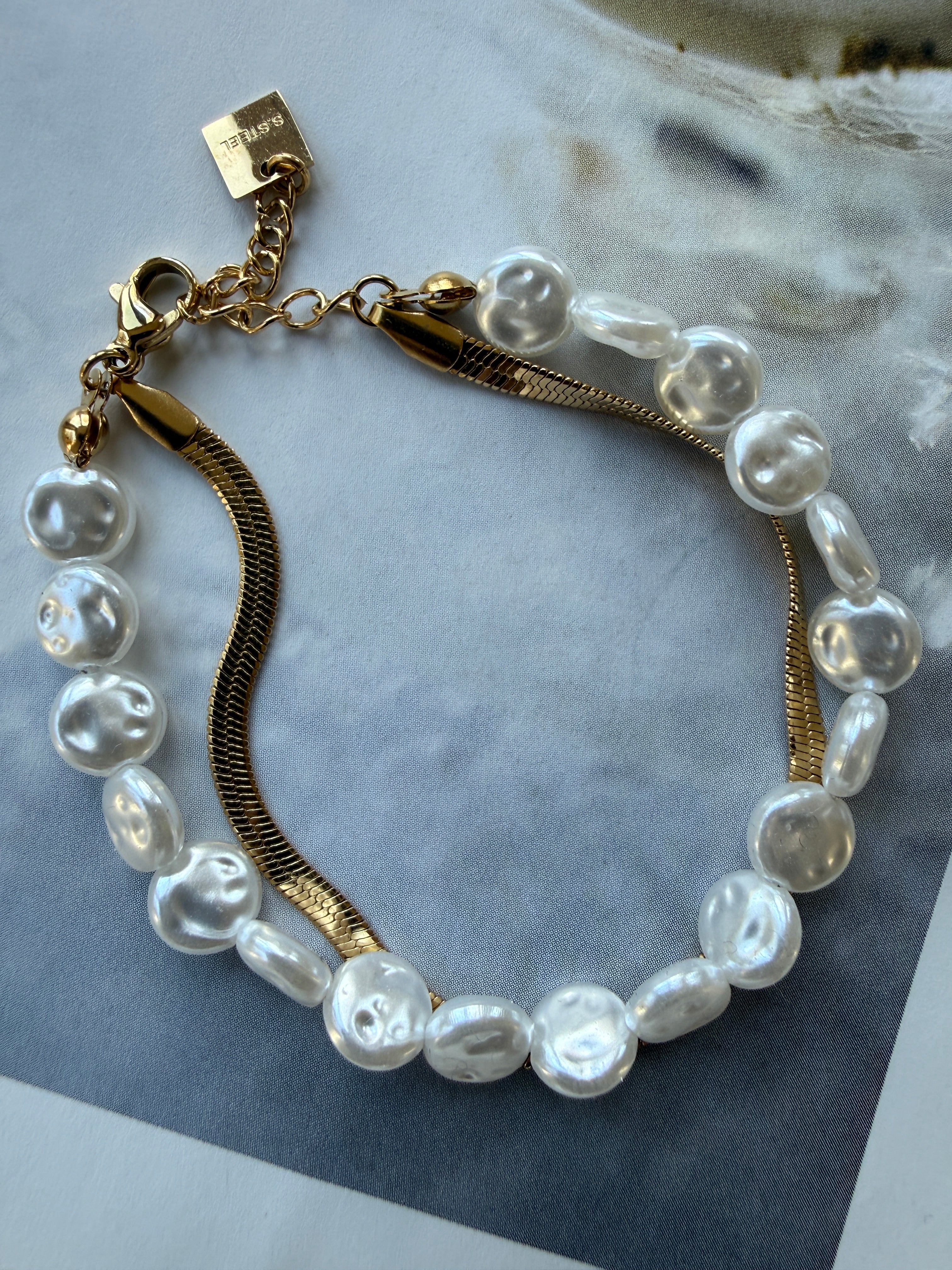 STAINLESS STEEL BRACELET WITH PEARLS, 20CM