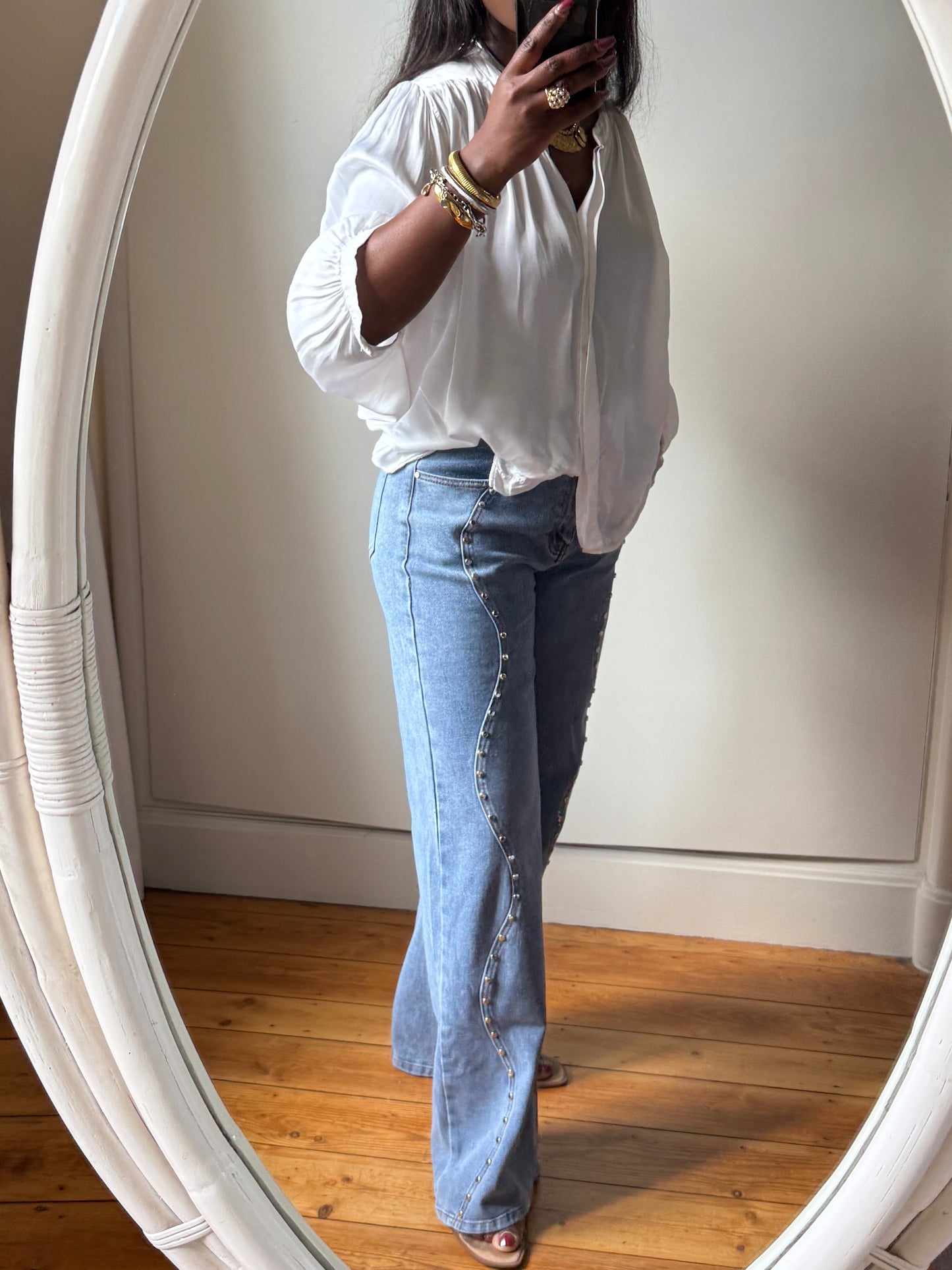 Jeans with Studs, Button Closure and zip, Light Wash, two side front pockets and two back pockets, belt loops, Normal Fit, Available in Different Sizes