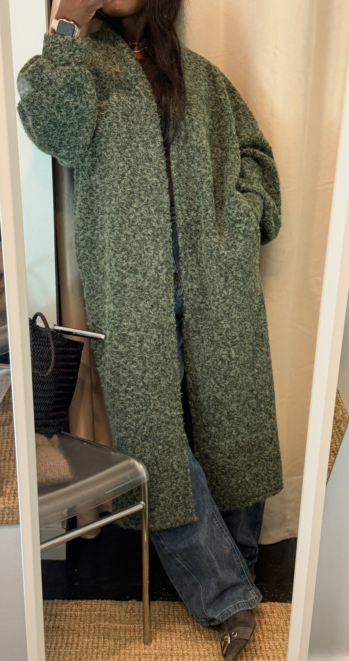 LONG OLIVE GREEN COAT, ONE SIZE 34/42 - XS/L