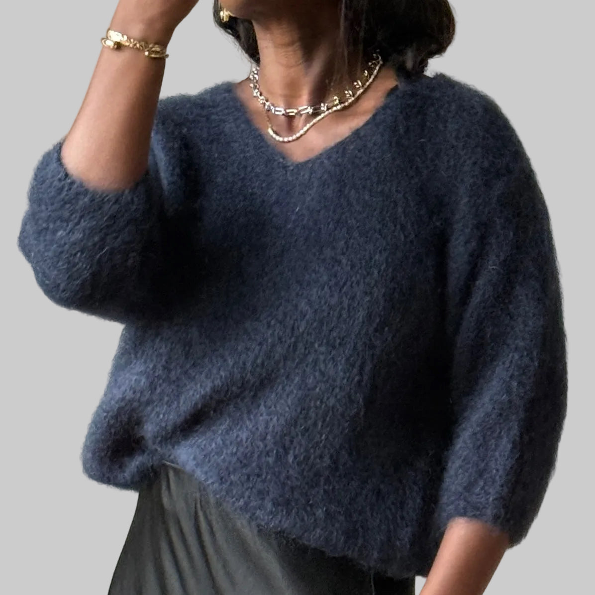 V neck Mohair Knit with 3/4 Sleeves, One Size (34-40), Normal Fit, New without tags