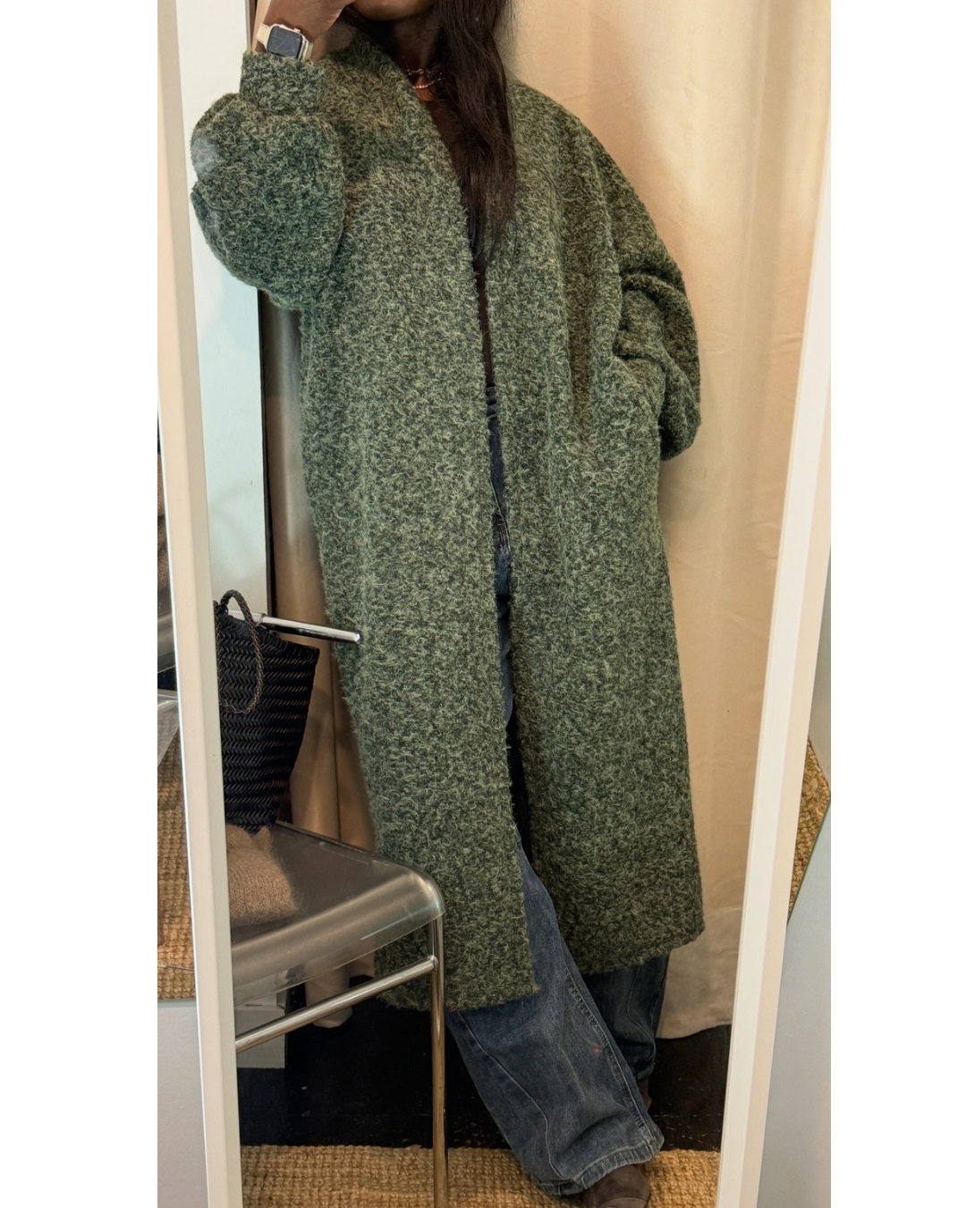 LONG OLIVE GREEN COAT, ONE SIZE 34/42 - XS/L