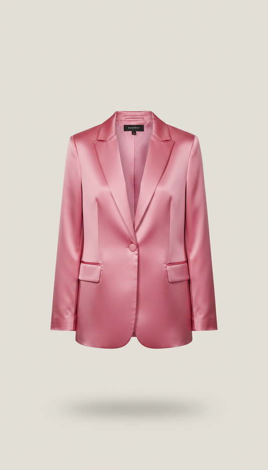 Pink satin blazer with bold shoulder